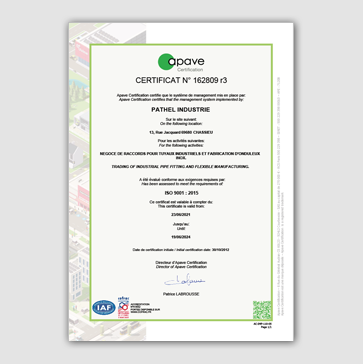 Certification ISO 9001 de la société Pathel Industrie